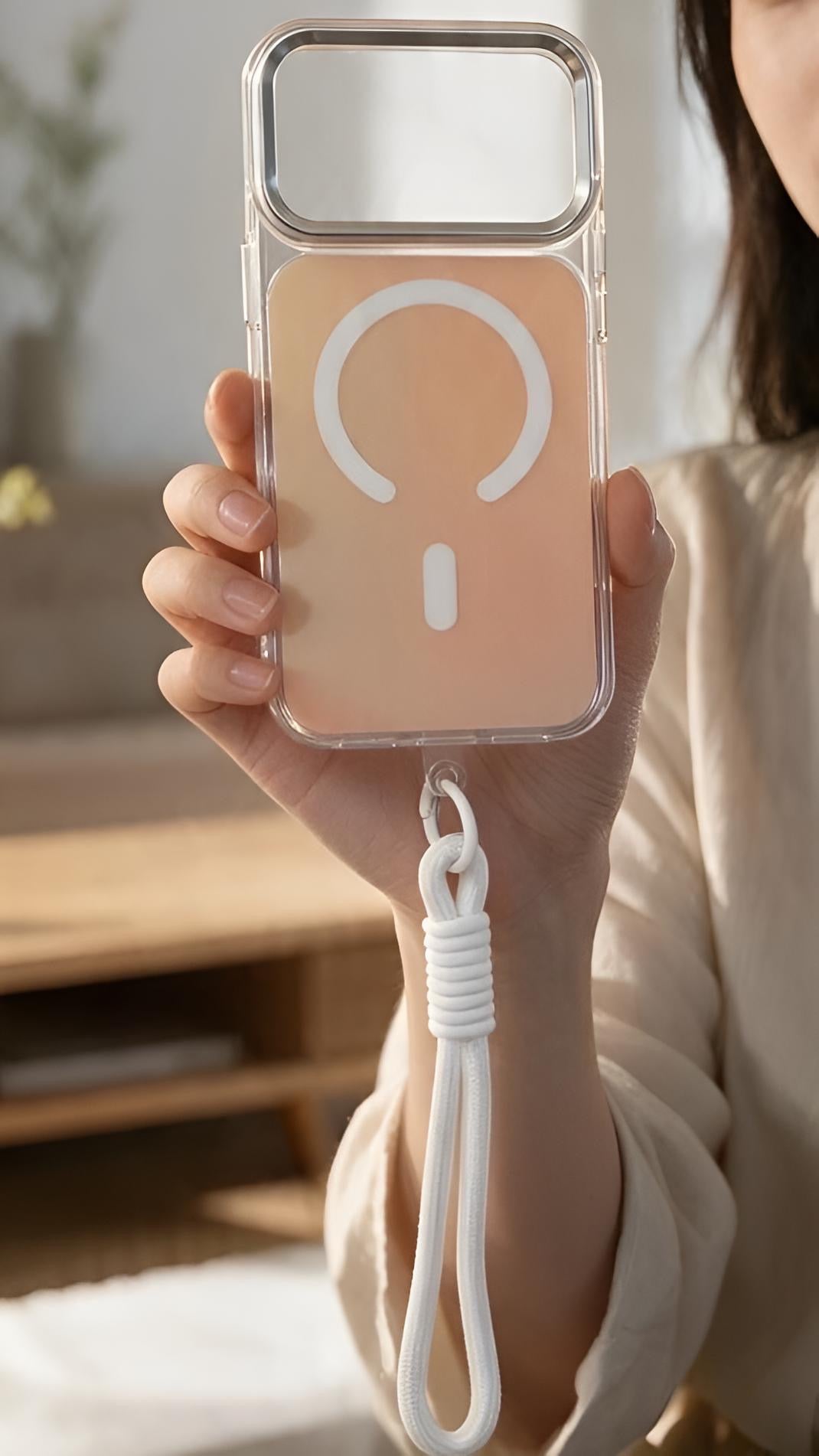 White Strap Tornasol Funda con acabado tornasol y botones metálicos para iPhone
