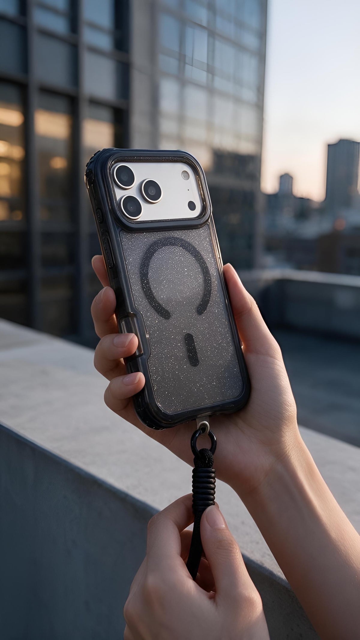 Black SÚPER GLITTER CASE MAGSAFE – FUNDA DE USO RUDO CON CORREA