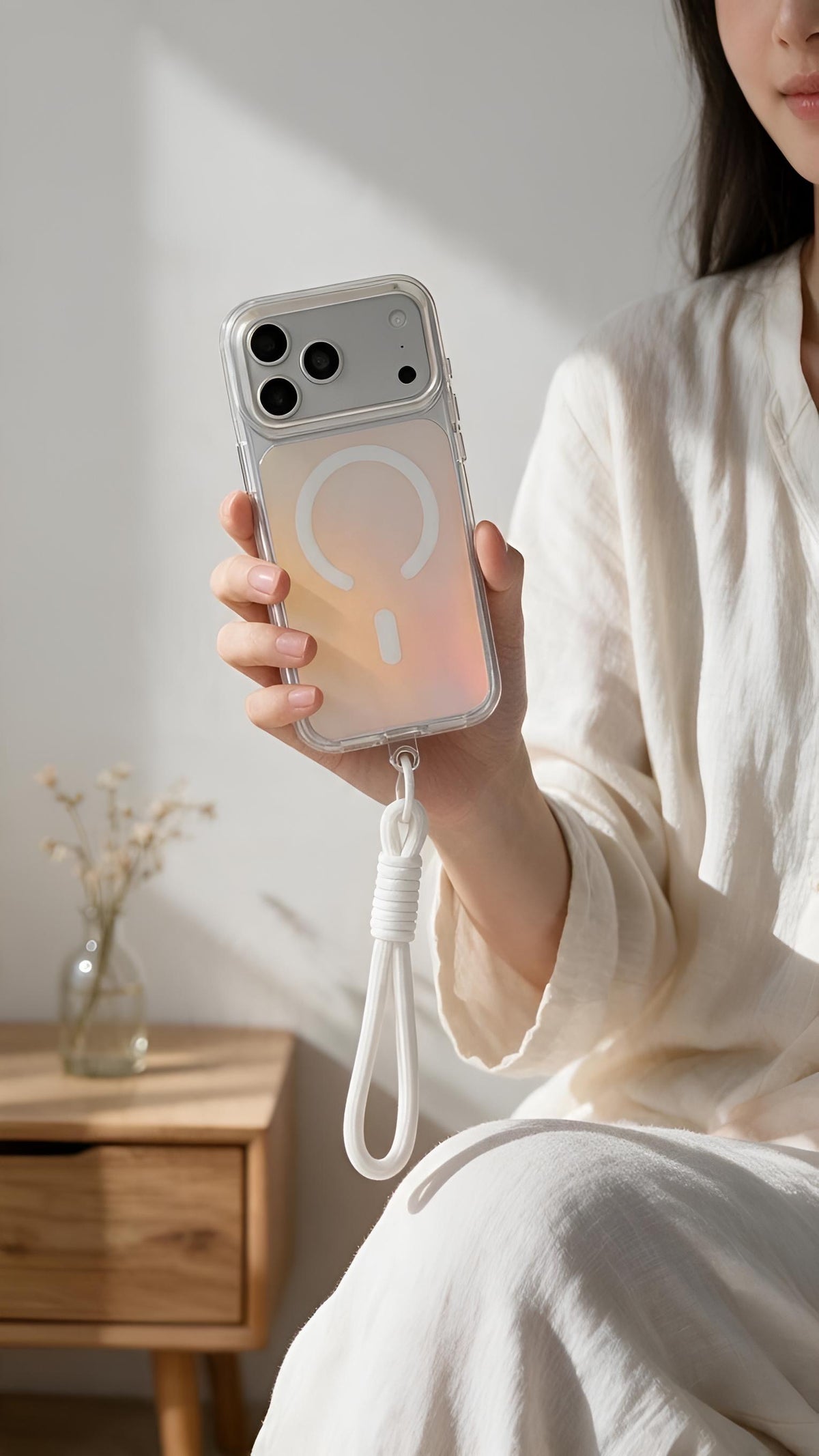 White Strap Tornasol Funda con acabado tornasol y botones metálicos para iPhone