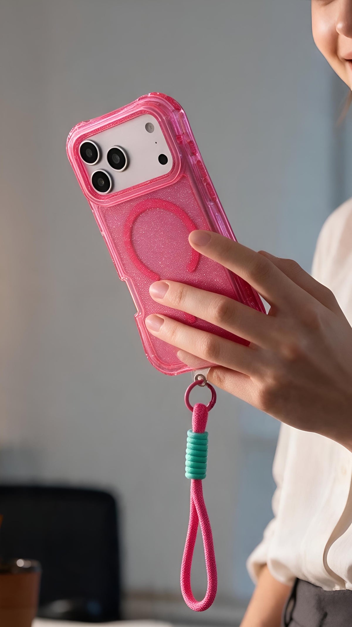 Pink SÚPER GLITTER CASE MAGSAFE – FUNDA DE USO RUDO CON CORREA