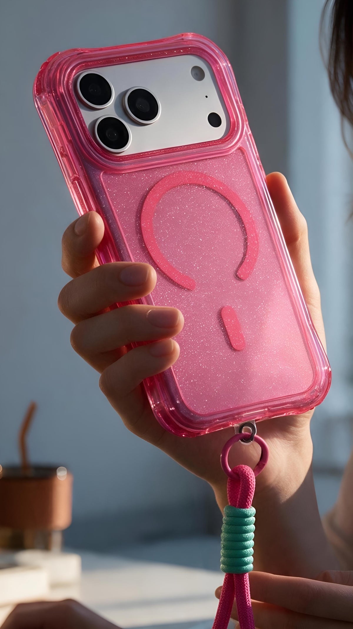 Pink SÚPER GLITTER CASE MAGSAFE – FUNDA DE USO RUDO CON CORREA
