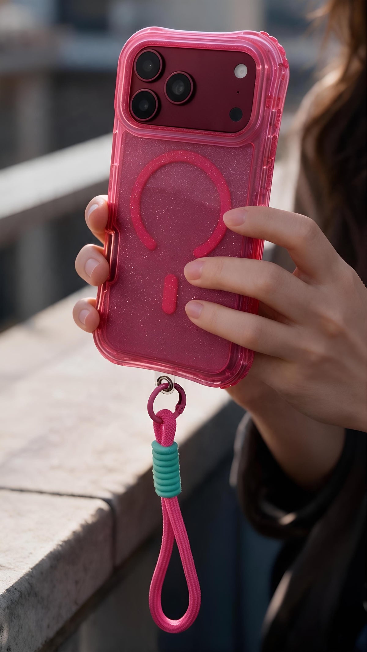 Pink SÚPER GLITTER CASE MAGSAFE – FUNDA DE USO RUDO CON CORREA