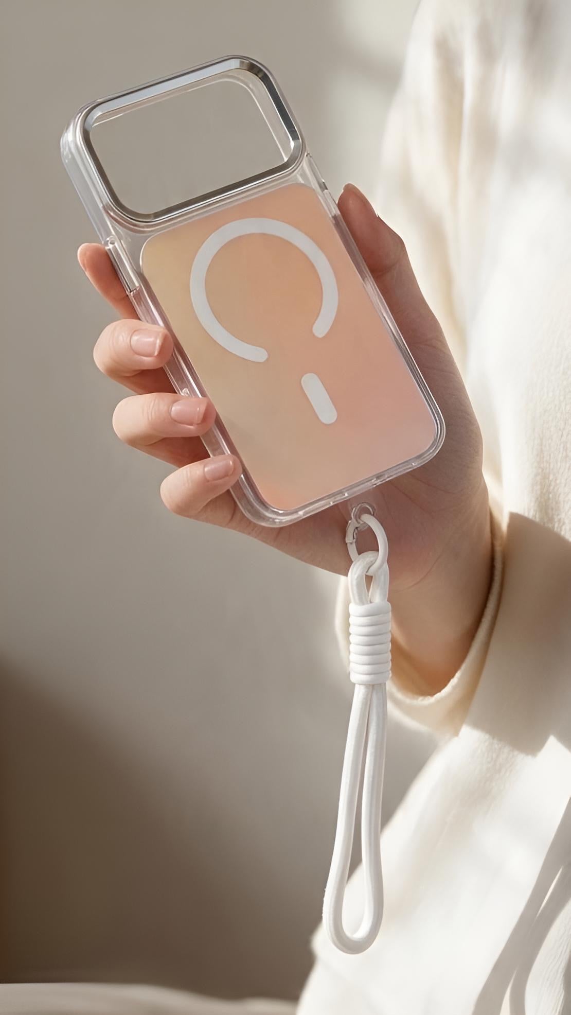 White Strap Tornasol Funda con acabado tornasol y botones metálicos para iPhone