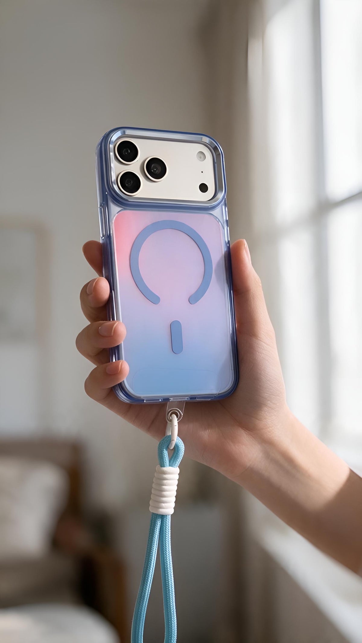 Blue Strap Tornasol Funda con acabado tornasol y botones metálicos para iPhone