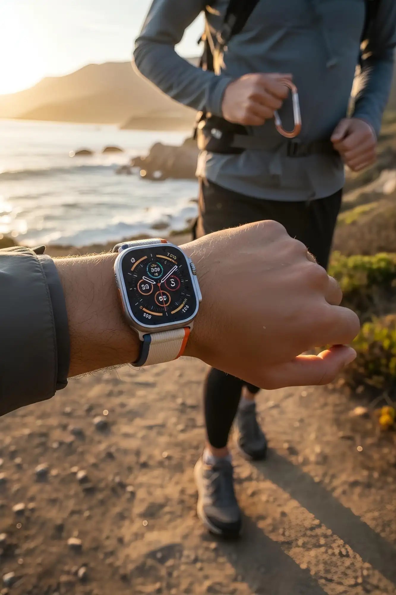 Un Apple Watch elegante con borde plateado y correa deportiva negra y blanca, mostrando métricas de fitness en su pantalla.