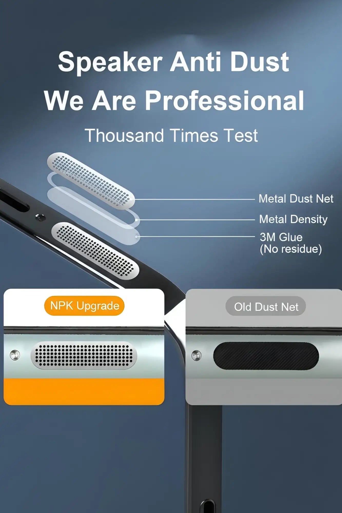 Cubierta antipolvo para altavoz de metal plateado con diseño de rejilla perforada, etiquetada como una actualización npk que presenta densidad de metal y pegamento 3M para protección profesional contra el polvo.