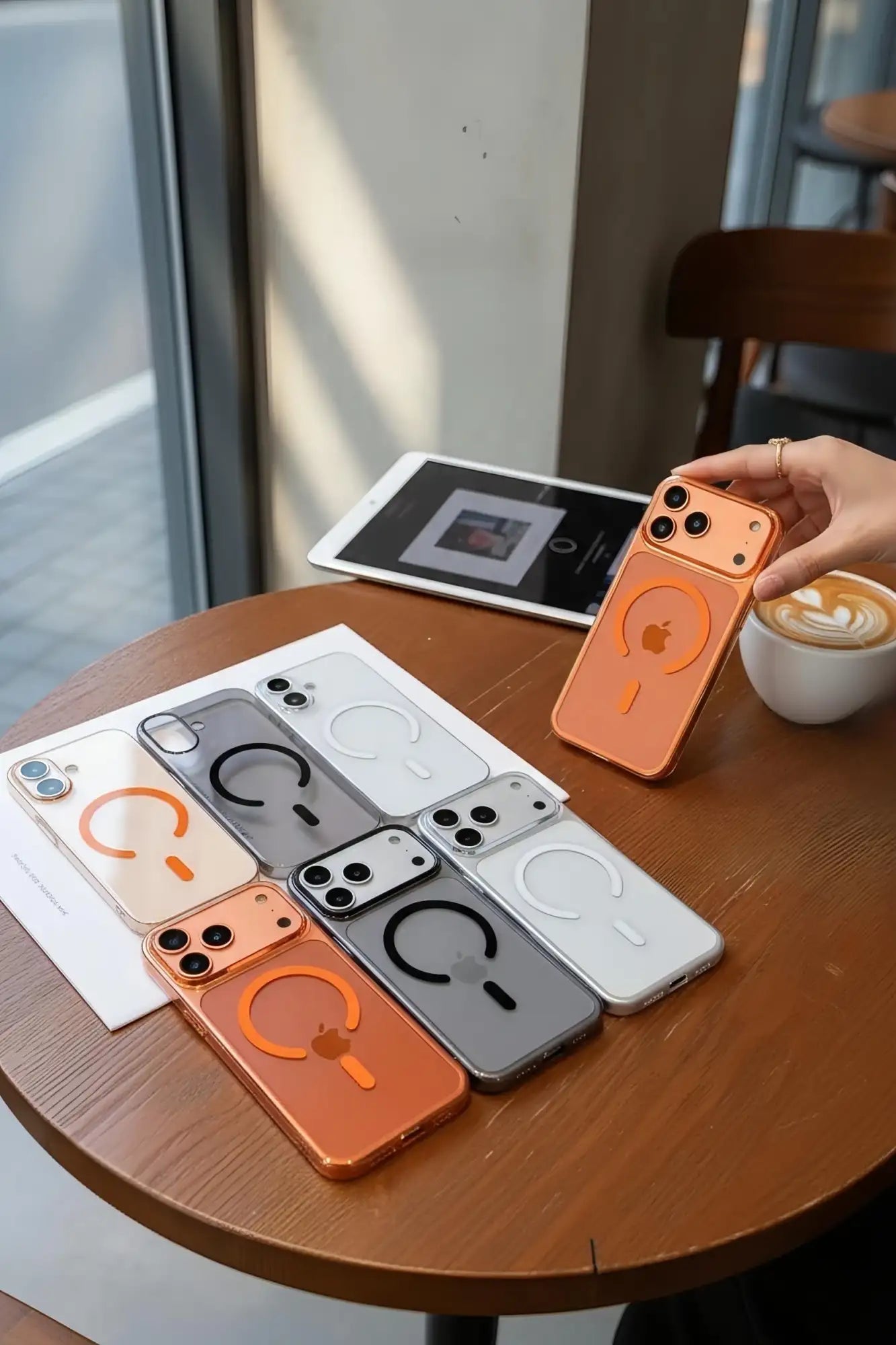 Funda de teléfono magnética naranja con recorte circular y diseño de logo de manzana