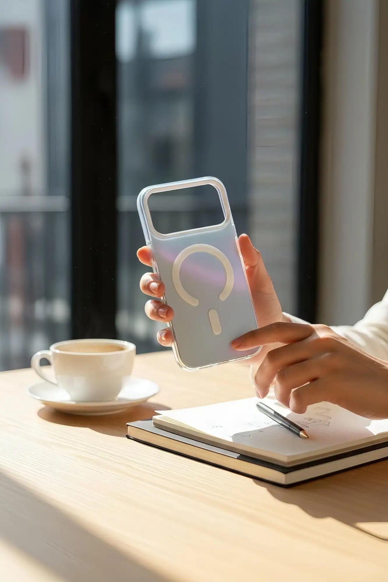 Una funda de teléfono plateada translúcida y elegante con un diseño de símbolo de carga magnética.