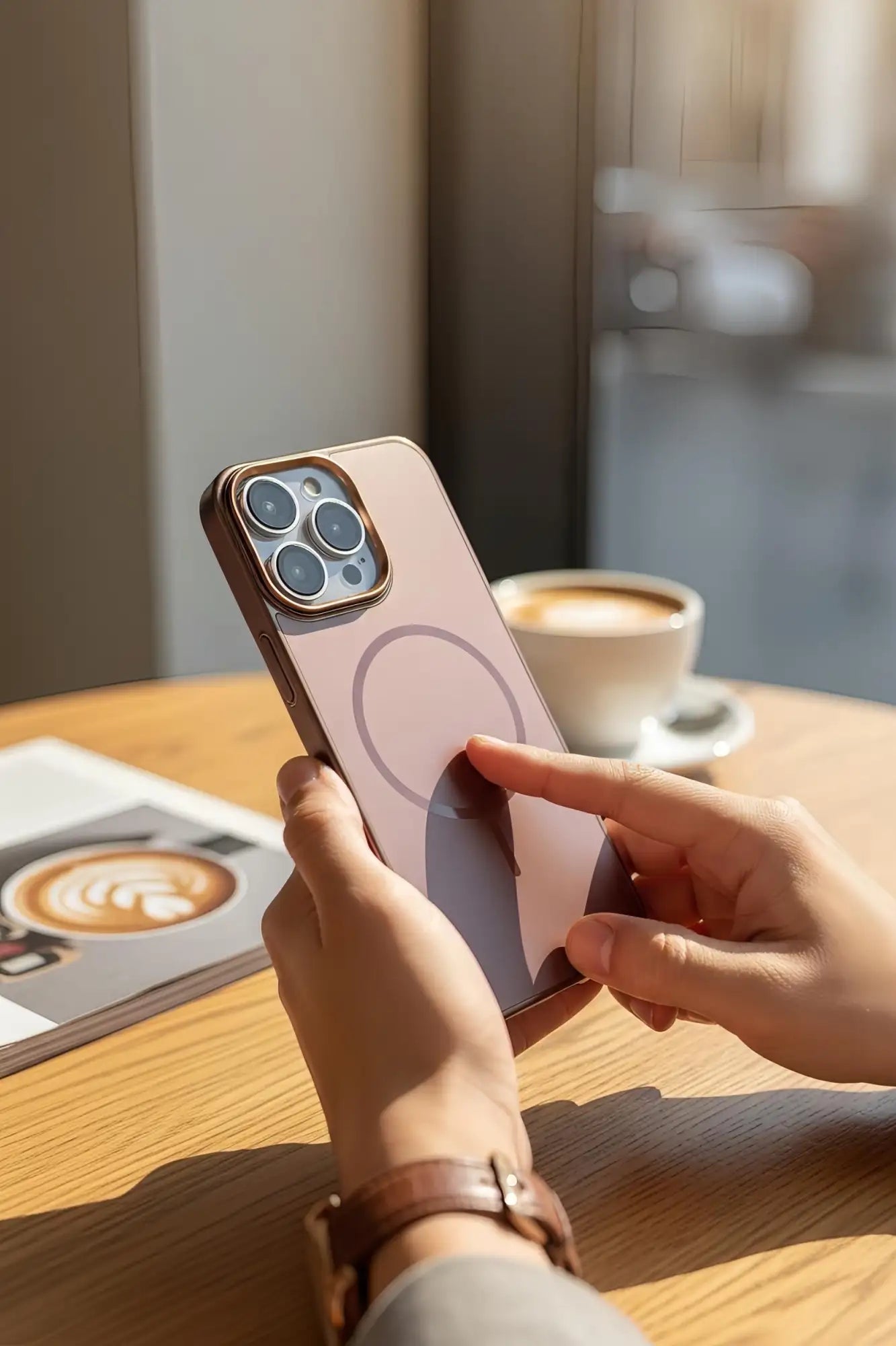 Un iPhone 13 Pro en oro rosa con una funda de carga magnética.