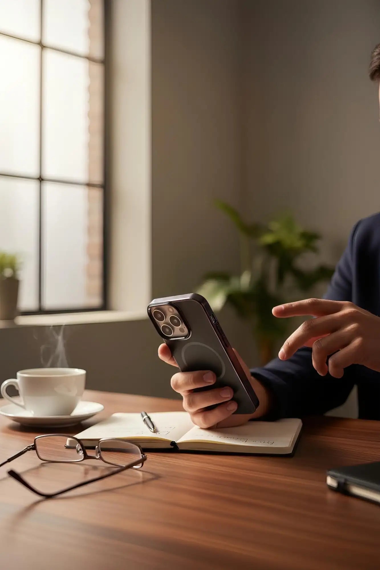 iPhone negro con una funda protectora de acabado mate que cuenta con un anillo magnético circular de fijación.