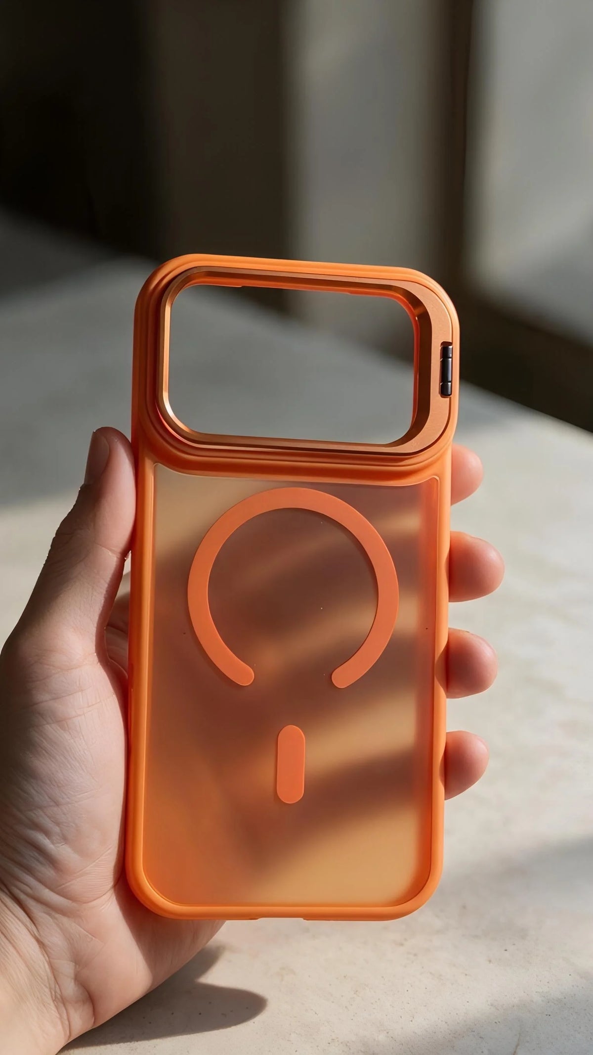 Vista trasera de funda naranja matte super armour con diseño de anillo magnético para carga magsafe en iphone