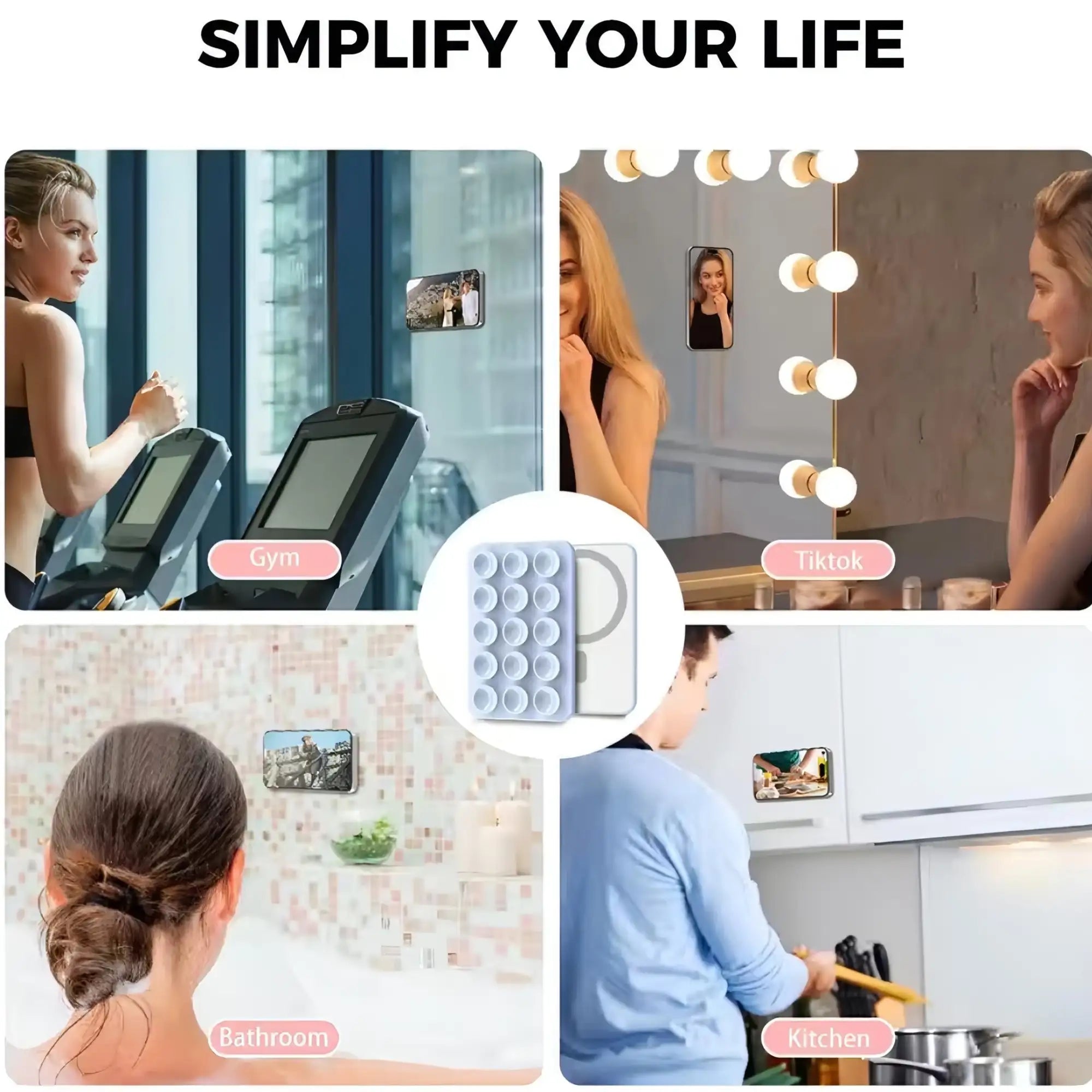 Soporte magnético para teléfono blanco con ventosas circulares y un diseño elegante y minimalista.