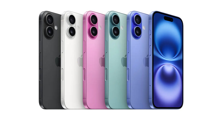 Línea de iPhone 14 en negro, blanco, rosa, verde menta y azul con cámaras duales. Fundas para iPhone 16.