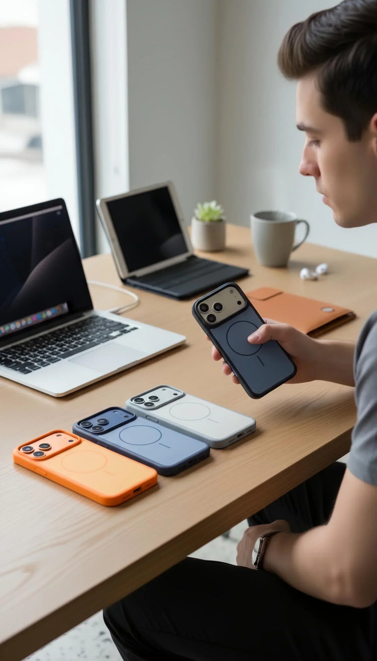 Teléfono negro con funda magnética de material tipo silicón y compatibilidad magsafe con diseño circular y tacto sedoso