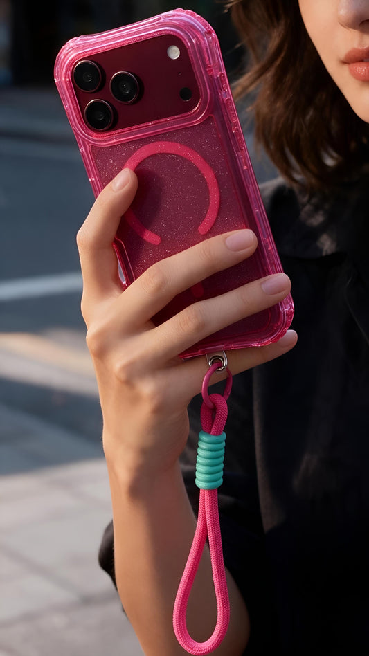 Pink SÚPER GLITTER CASE MAGSAFE – FUNDA DE USO RUDO CON CORREA