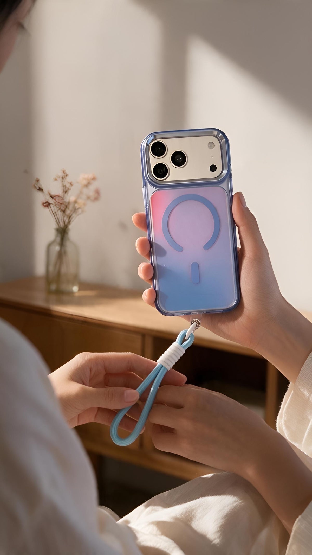 Blue Strap Tornasol Funda con acabado tornasol y botones metálicos para iPhone