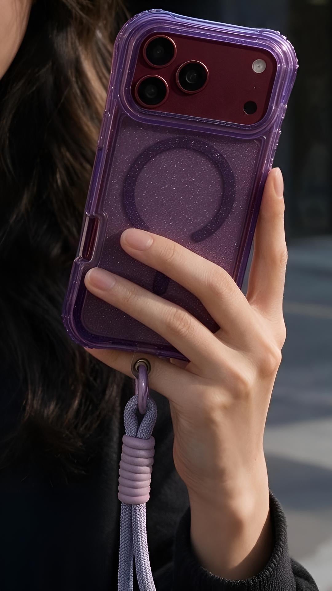 Lila SÚPER GLITTER CASE MAGSAFE – FUNDA DE USO RUDO CON CORREA