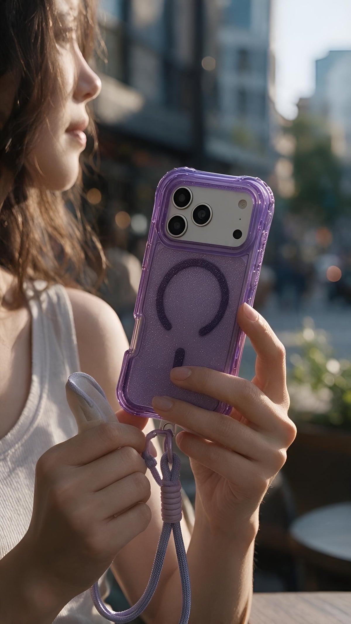 Lila SÚPER GLITTER CASE MAGSAFE – FUNDA DE USO RUDO CON CORREA