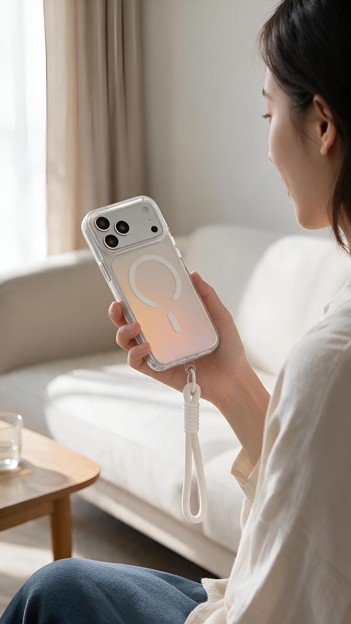 White Strap Tornasol Funda con acabado tornasol y botones metálicos para iPhone