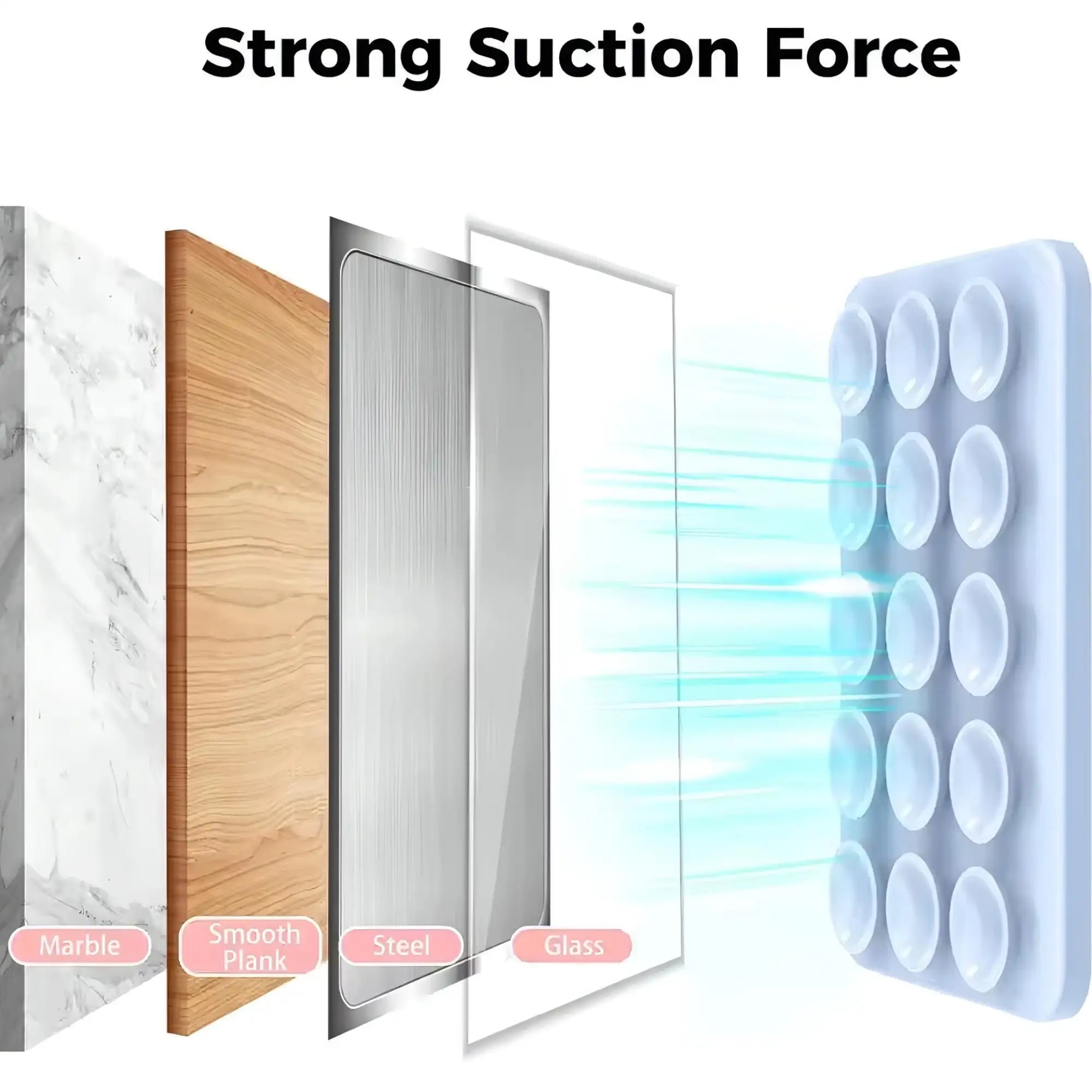 Alfombrilla de ventosas de silicona blanca con 12 ventosas circulares diseñadas para una adhesión fuerte en superficies como mármol, madera, acero y vidrio.