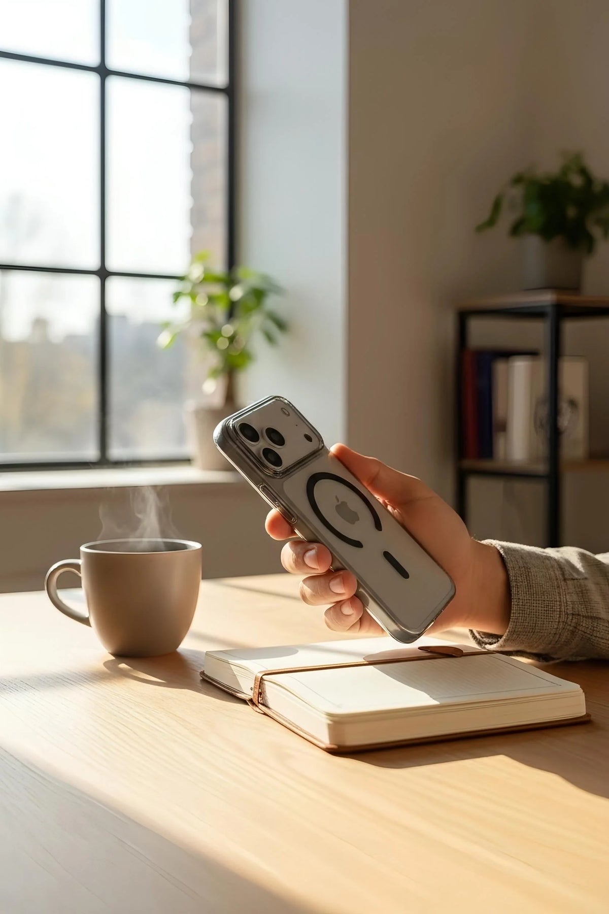 Parte trasera de iphone plateado con funda ultra delgada negra con acabado brilloso y diseño original magnético