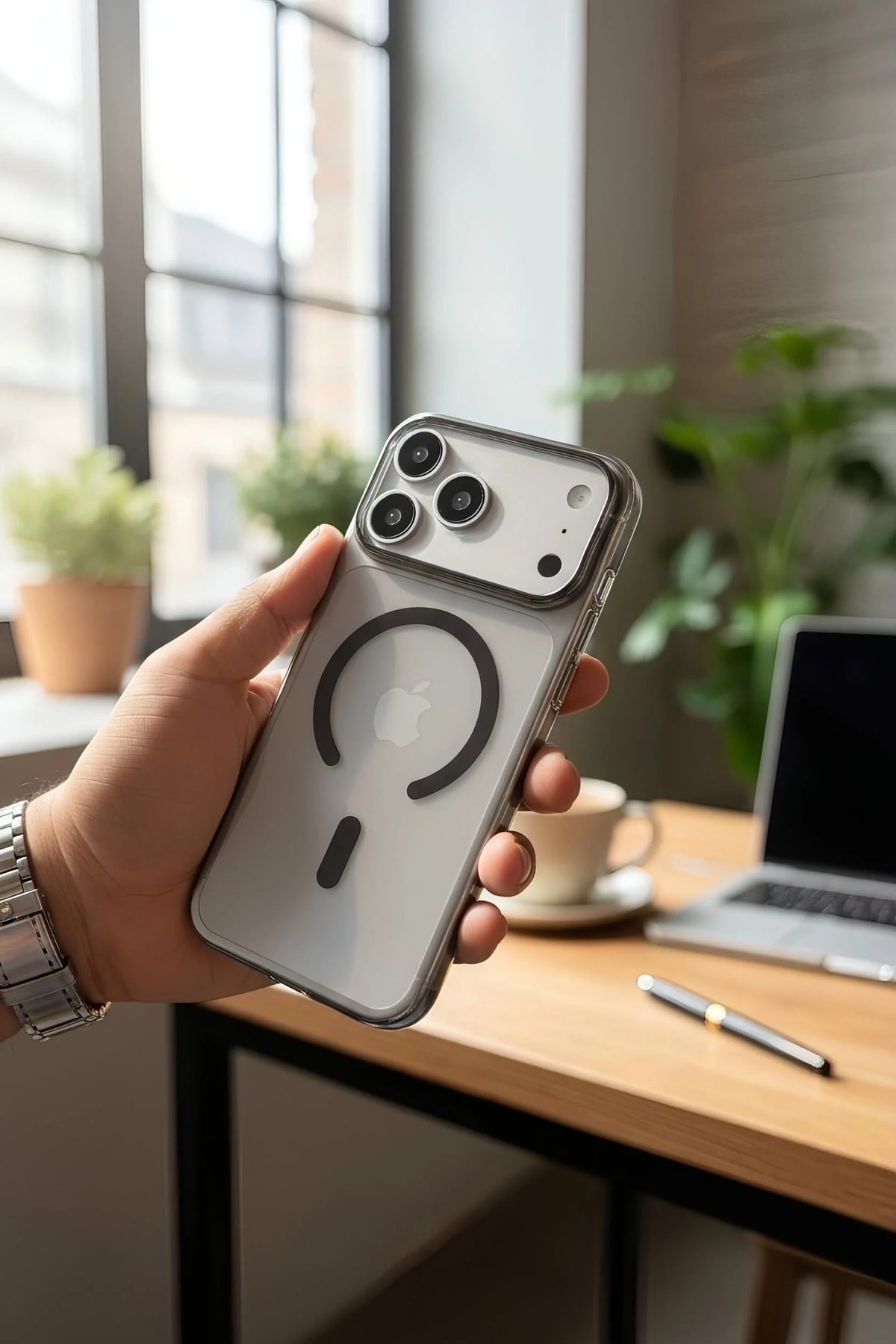 Funda ultra delgada para teléfono transparente con acabado brilloso y diseño original de símbolo de carga magnética negro en la parte trasera