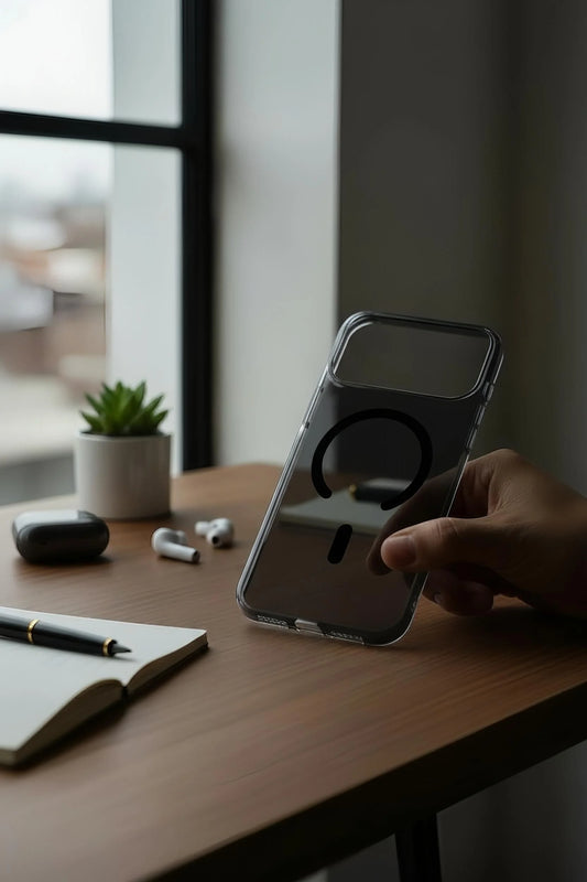 Funda ultra delgada negra con acabado brilloso y diseño original vista trasera con logo circular transparente