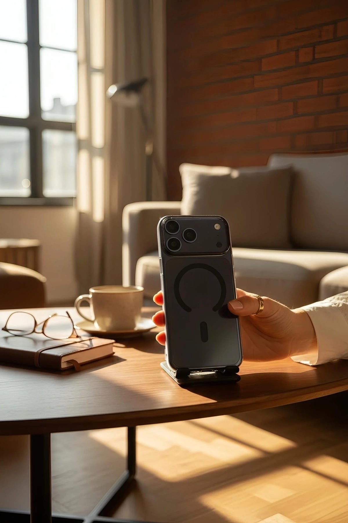 Imagen de la parte trasera de un iphone 13 pro negro con funda ultra delgada acabado brilloso y diseño original magnético