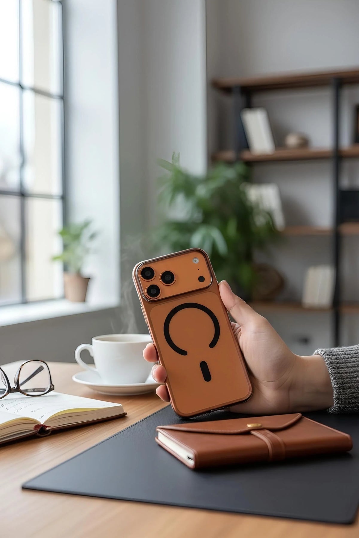 Vista trasera de funda ultra delgada de cuero tan con acabado brilloso y diseño original negro circular
