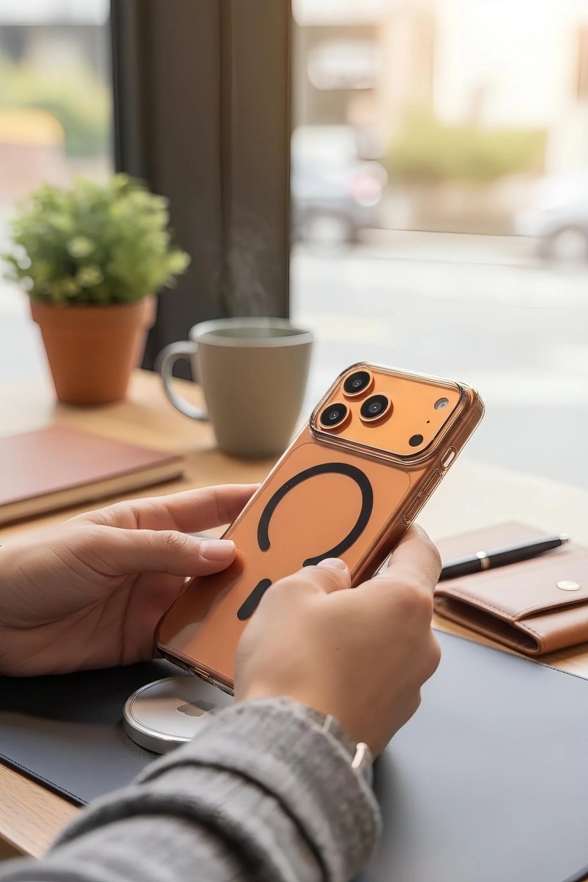 Funda ultra delgada para teléfono naranja con diseño original de círculos negros y acabado brilloso en la parte trasera
