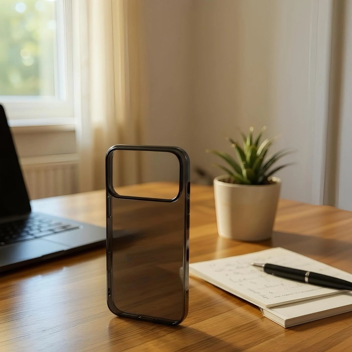 Funda ultra delgada negra transparente con acabado brilloso y diseño original vista trasera con corte rectangular para cámara