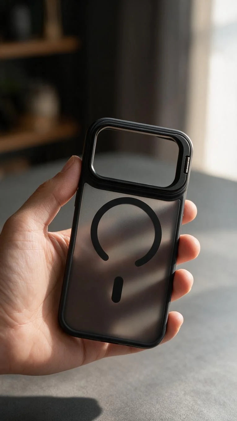 Vista trasera de funda negra transparente matte super armour con estructura robusta y bordes elevados para iphone con símbolo magnético de carga