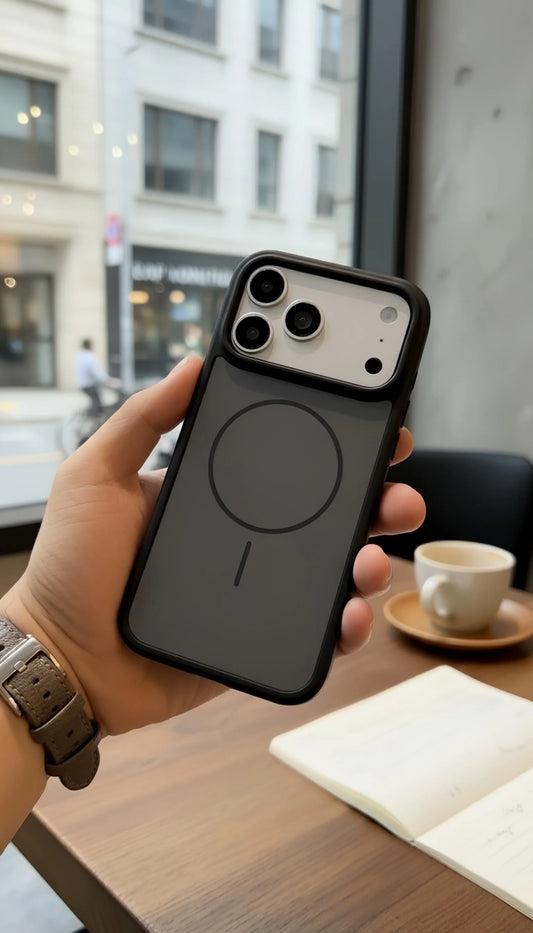 Funda negra para iphone 13 pro max con material tipo silicón tacto sedoso y compatibilidad magsafe vista trasera