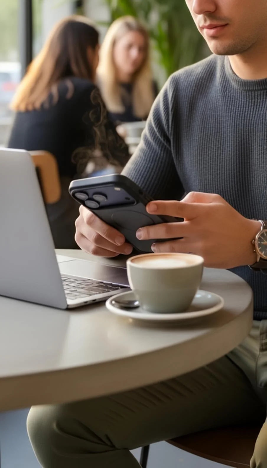 Funda negra suave para iphone con material tipo silicón y compatibilidad magsafe vista trasera con tacto sedoso