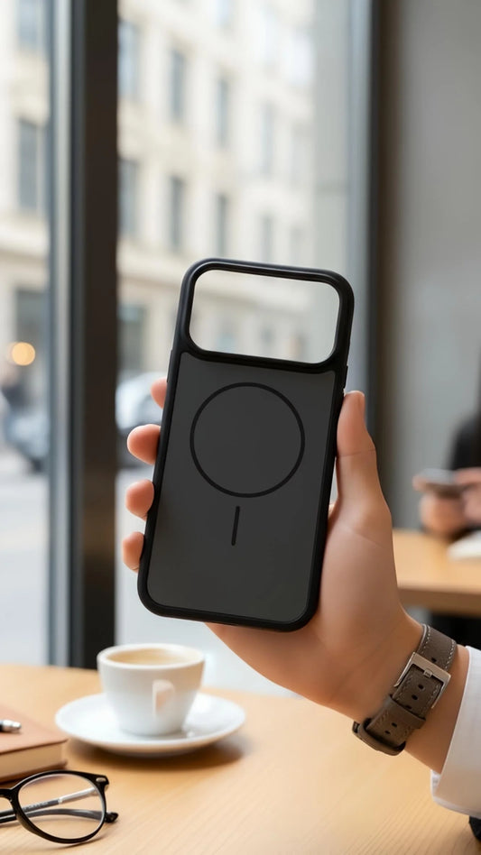 Vista trasera de funda negra suave para iphone con compatibilidad magsafe material tipo silicón y tacto sedoso