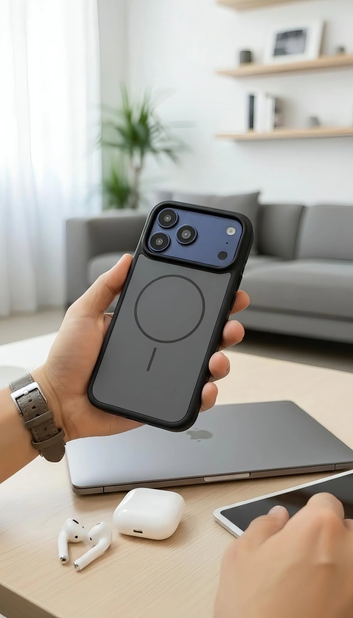 Vista trasera de funda negra para iphone material tipo silicón con compatibilidad magsafe y tacto sedoso