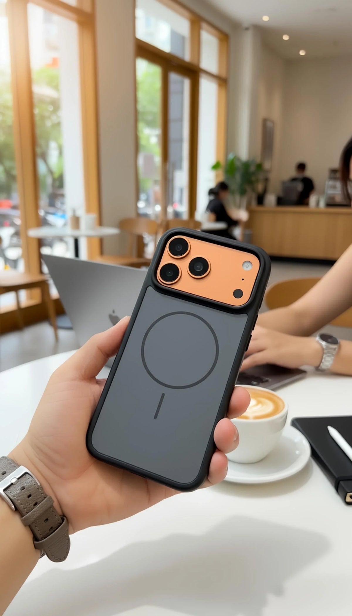 Parte trasera de funda negra y cobre para iphone 13 pro max en material tipo silicón con compatibilidad magsafe y tacto sedoso