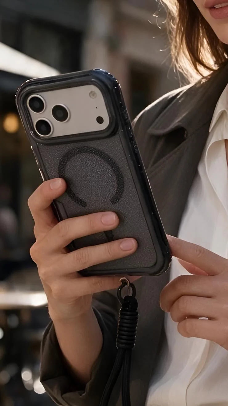 Vista trasera de funda negra super glitter case magsafe con textura, anillo magnético y correa trenzada para uso rudo
