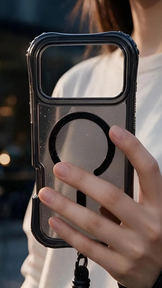 Funda negra súper glitter case magsafe con diseño transparente y puerto magnético para carga magsafe resistente con correa
