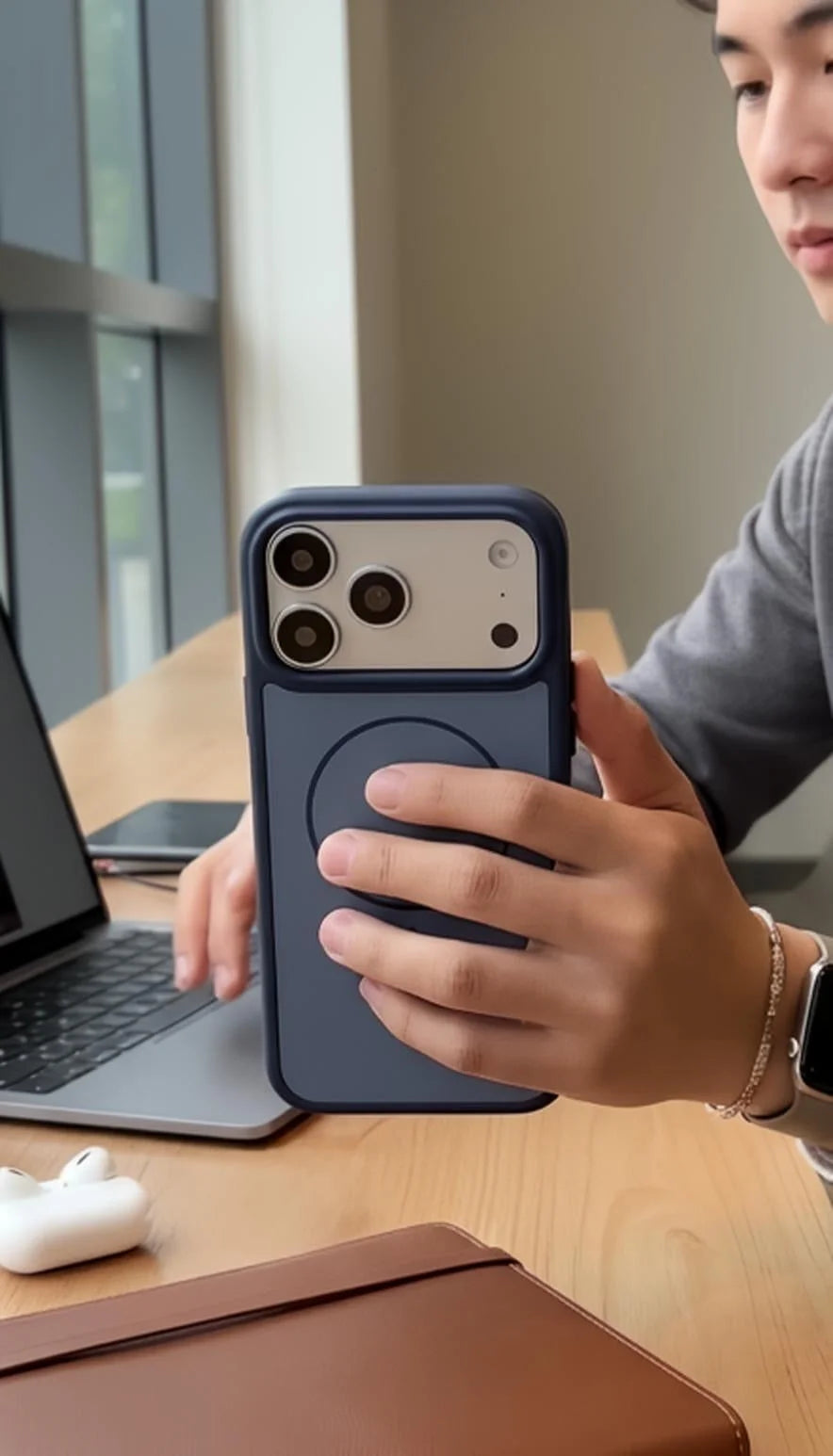 Vista trasera de funda azul smooth para iphone con material tipo silicón tacto sedoso y compatibilidad magsafe con grip magnético circular