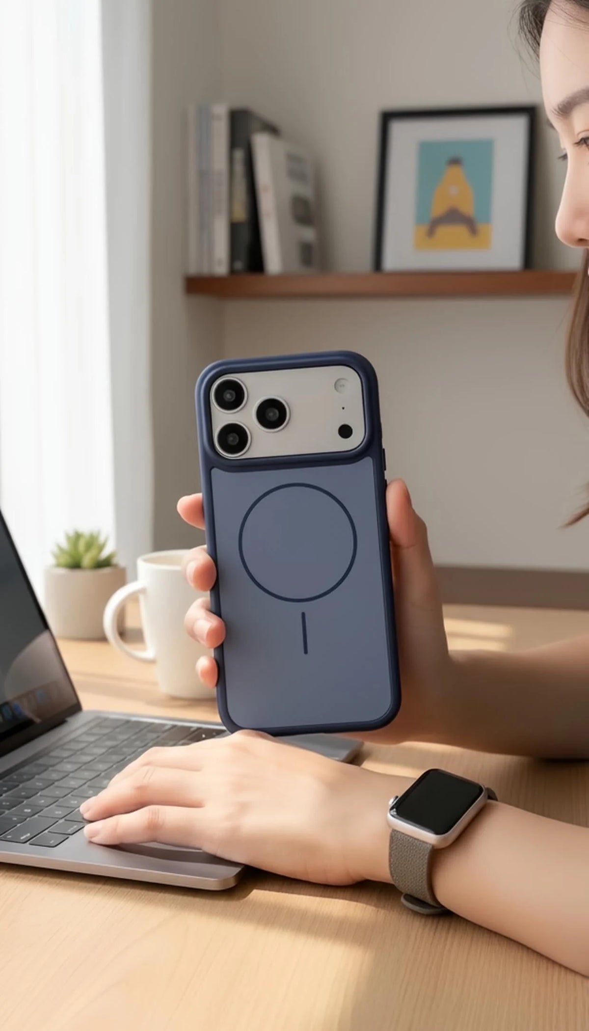 Parte trasera de funda azul para iphone tipo silicón con tacto sedoso y compatibilidad magsafe diseño circular