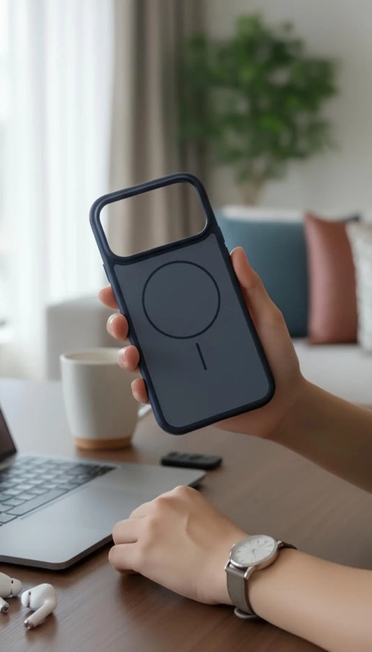 Funda azul smooth para iphone en material tipo silicón con compatibilidad magsafe y tacto sedoso vista trasera