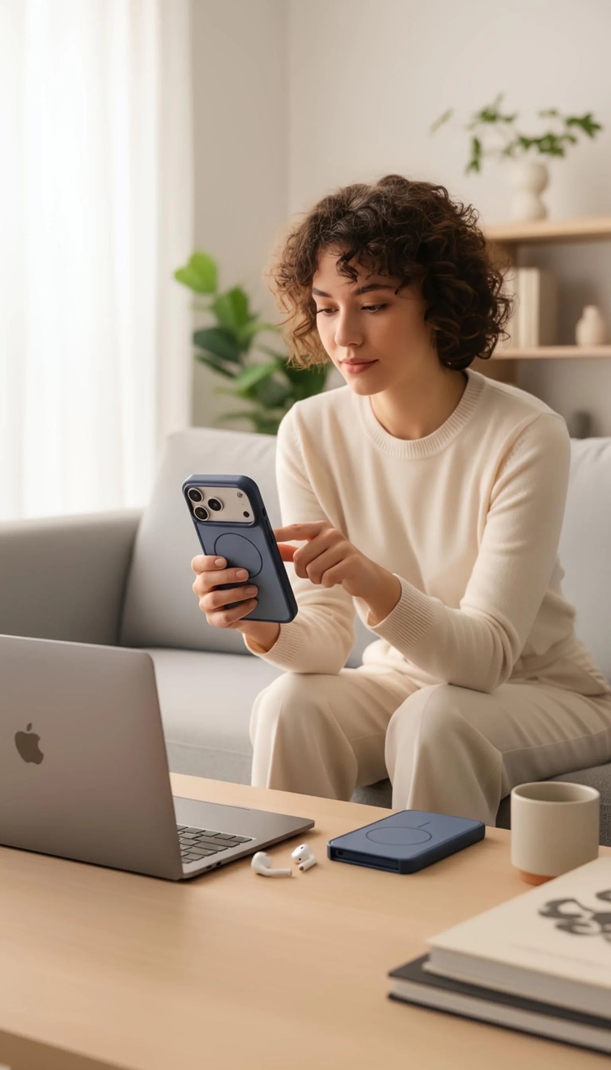 Funda azul para iphone con compatibilidad magsafe material tipo silicón y tacto sedoso vista trasera