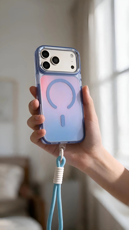 Funda azul con acabado tornasol y botones metálicos para iphone con diseño de puerto magnético y strap tornasol