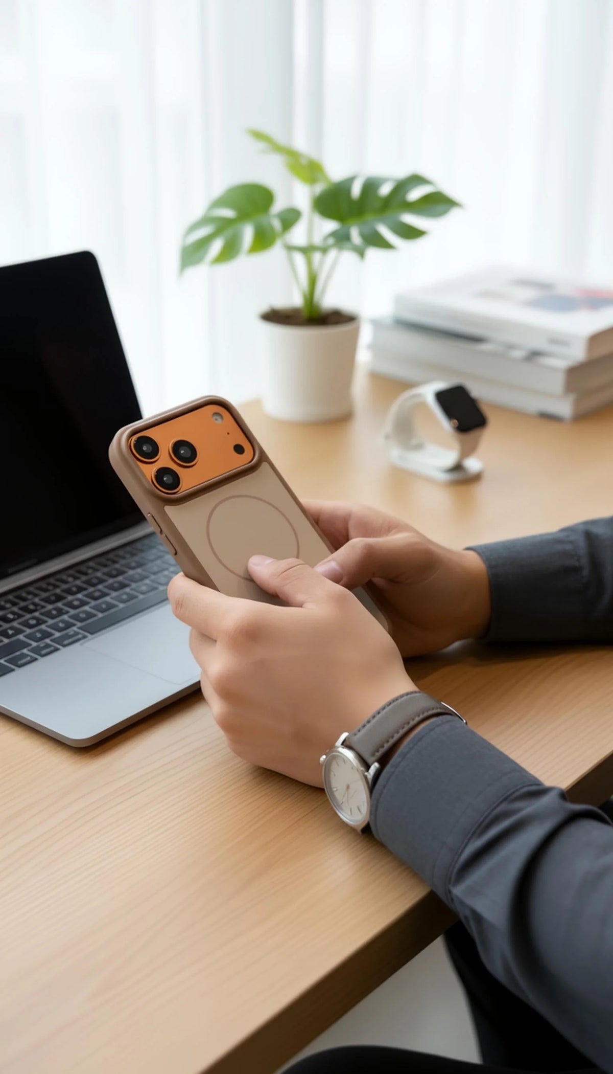 Parte trasera de funda para iphone marrón de material tipo silicón con compatibilidad magsafe y tacto sedoso