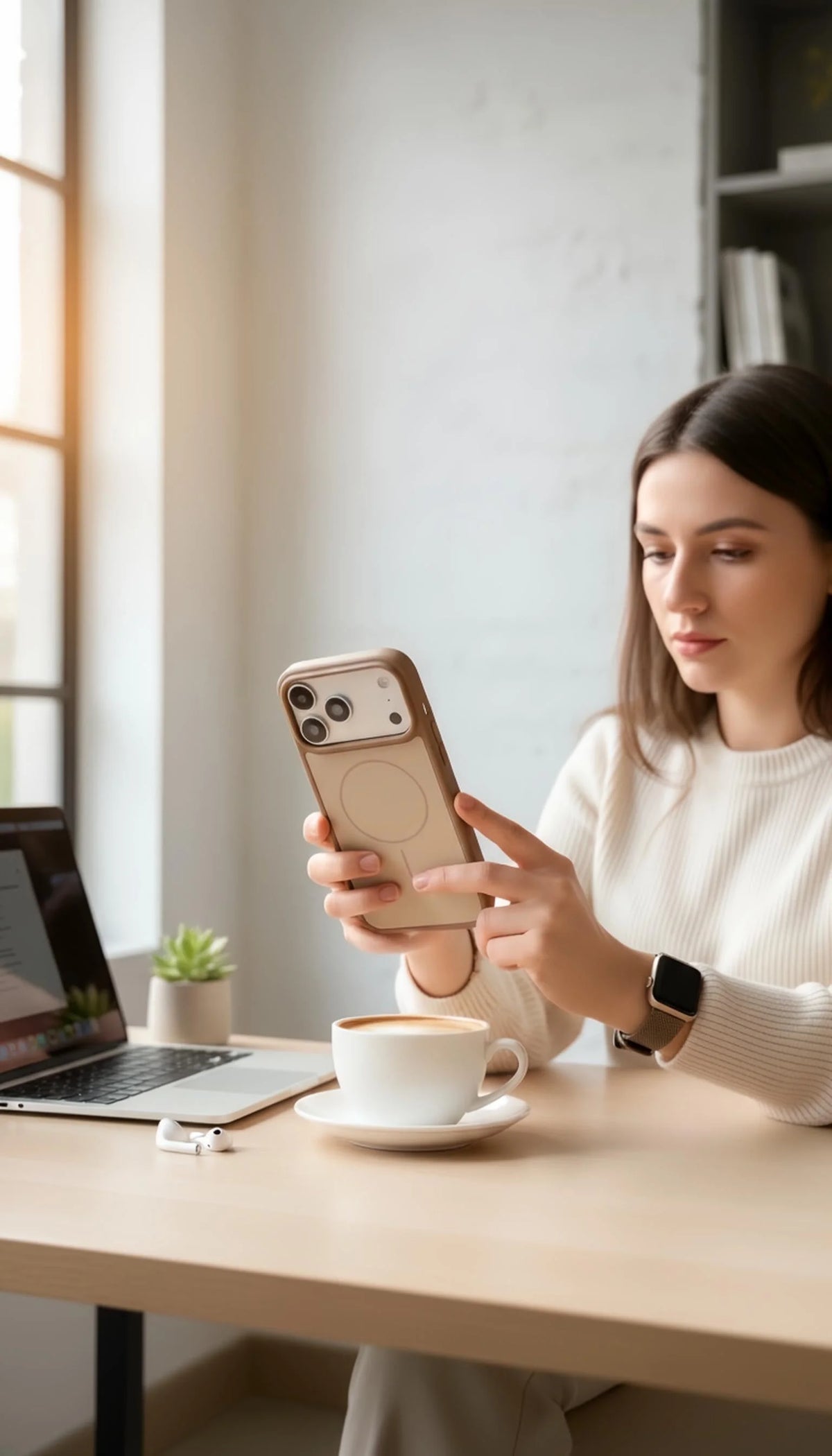 Carcasa marrón suave para iphone con material tipo silicón, compatibilidad magsafe y tacto sedoso vista trasera con corte circular y protector de cámara