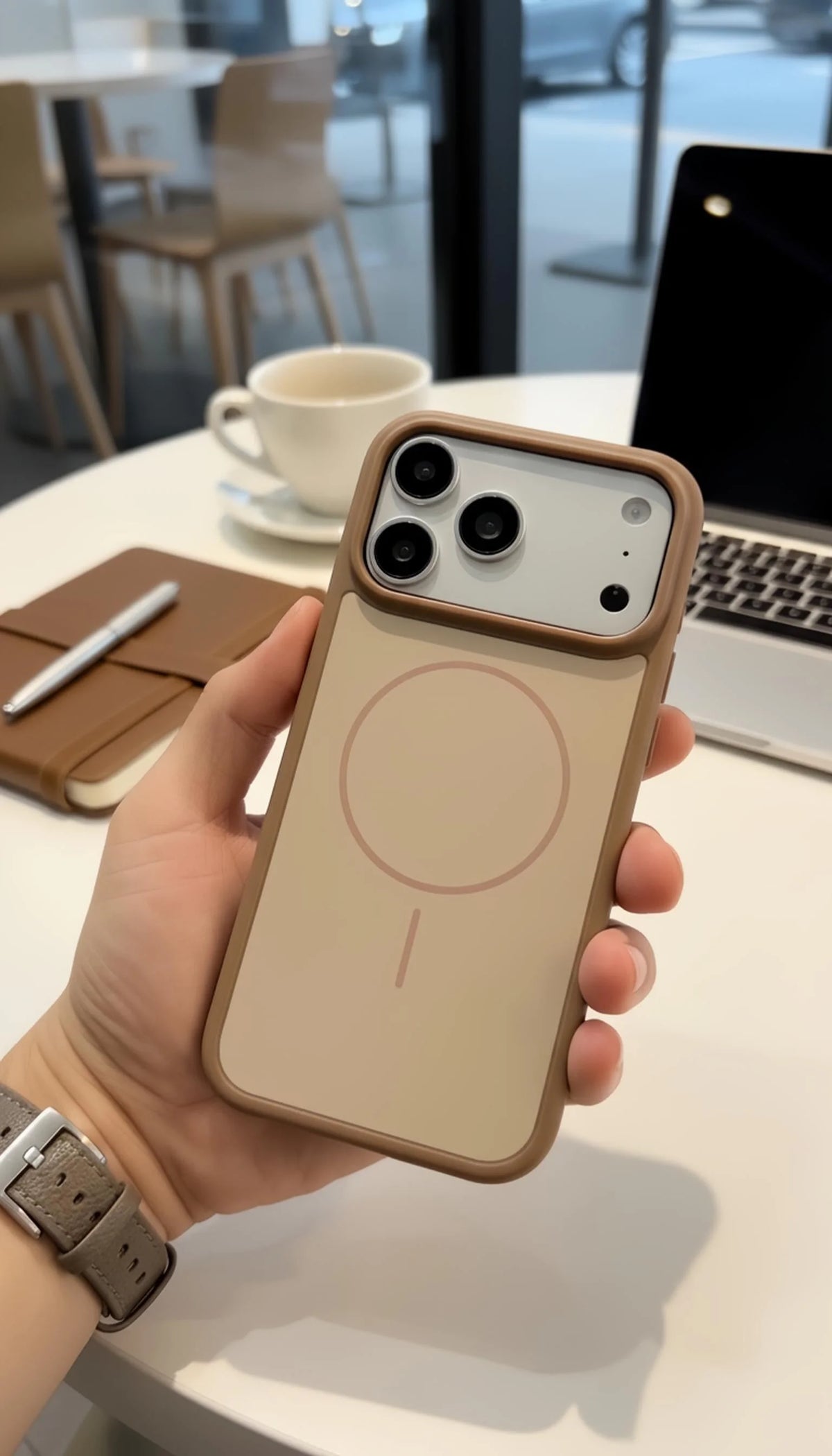 Imagen del reverso de funda marrón suave para iphone 13 pro con material tipo silicón tacto sedoso y compatibilidad magsafe