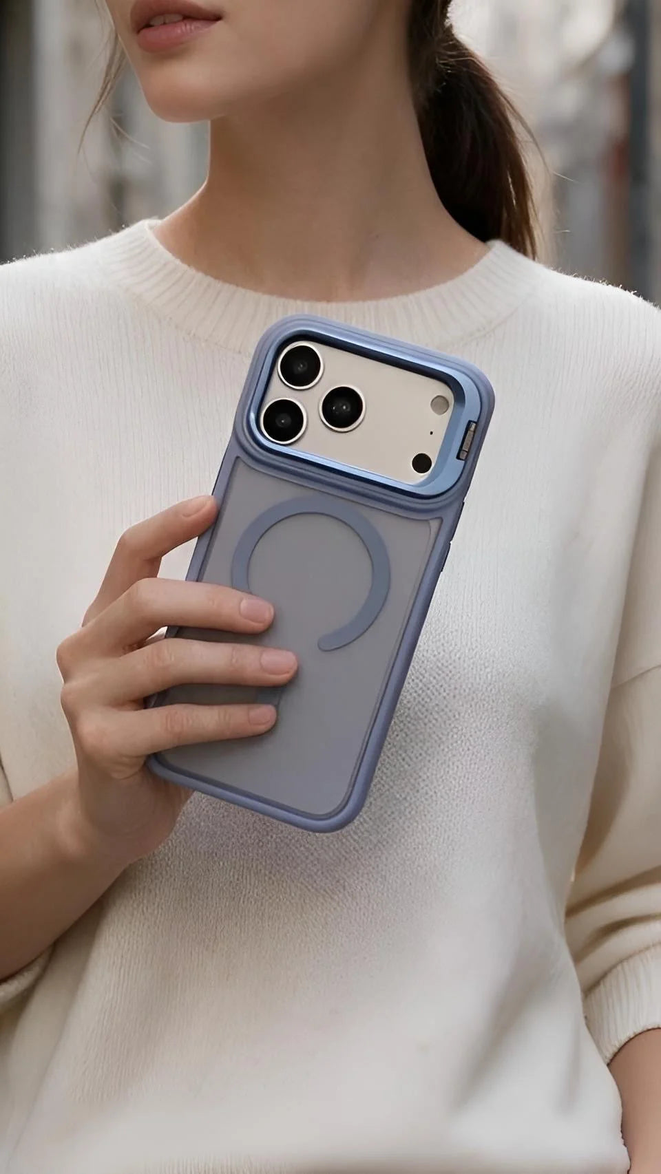 Parte trasera de funda celeste matte super armour de silicona con anillo magnético y corte para cámara para iphone 13 pro