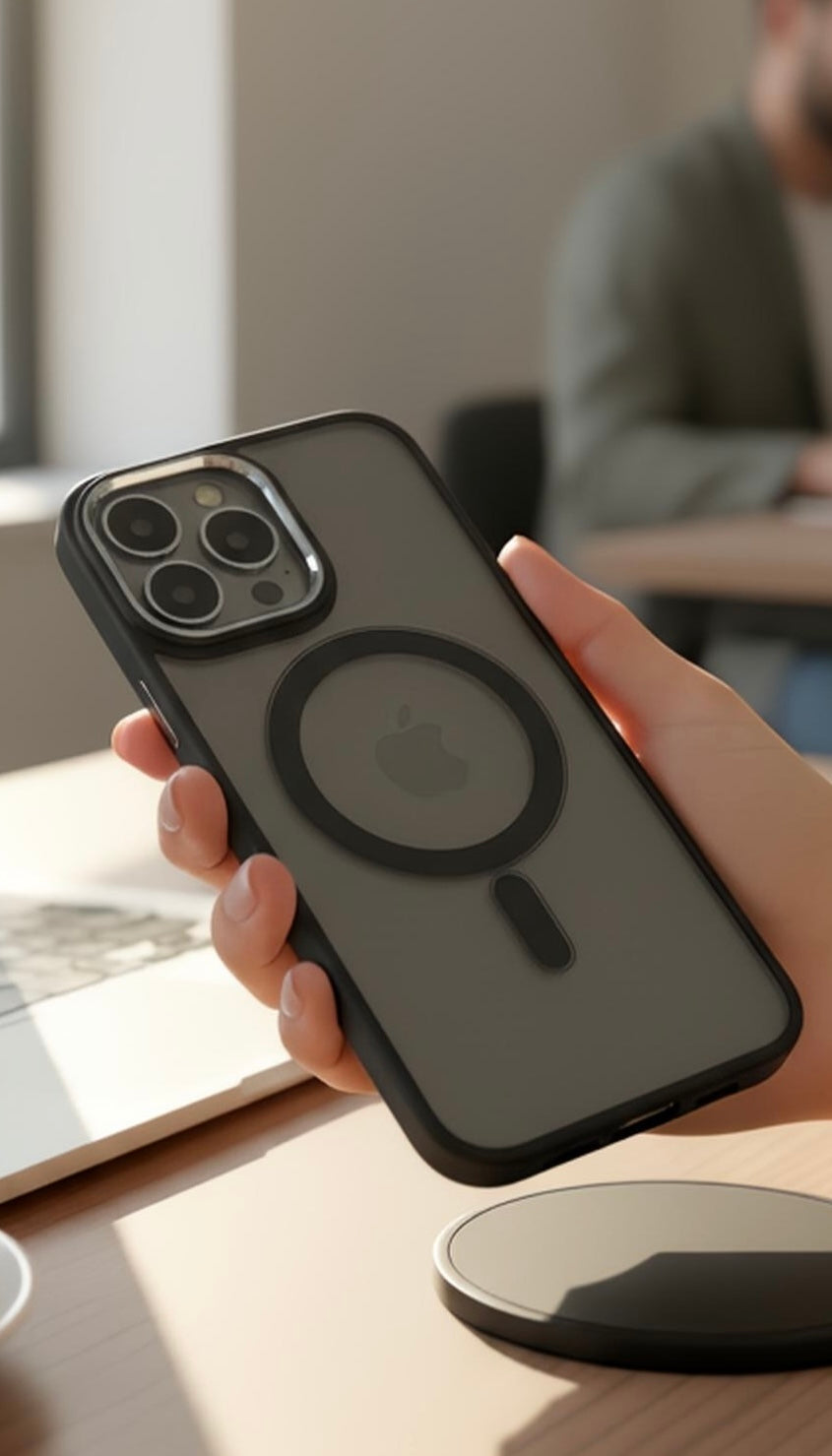 Celeste Super Black MagSafe con marco metálico y protección acrílica - Funda para iPhone