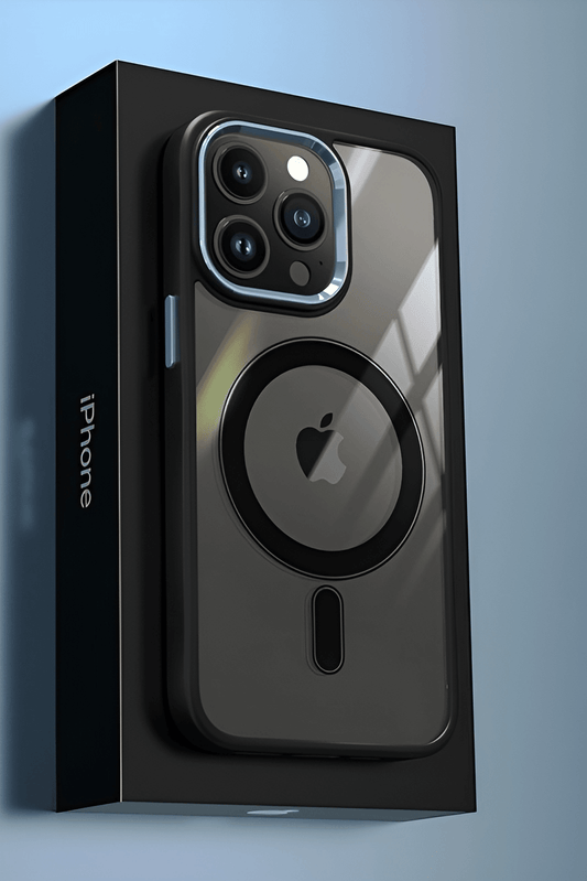 Celeste Super Black MagSafe con marco metálico y protección acrílica - Funda para iPhone